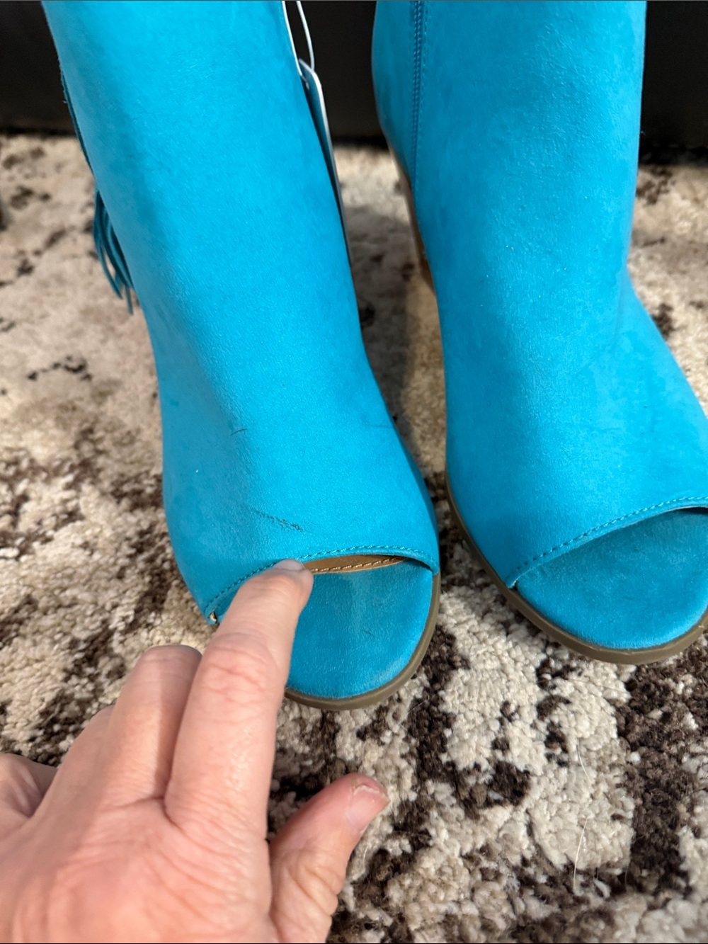 Turquoise Fringe Peep-Toe Ankle Boots - Women's - Picture 3 of 9